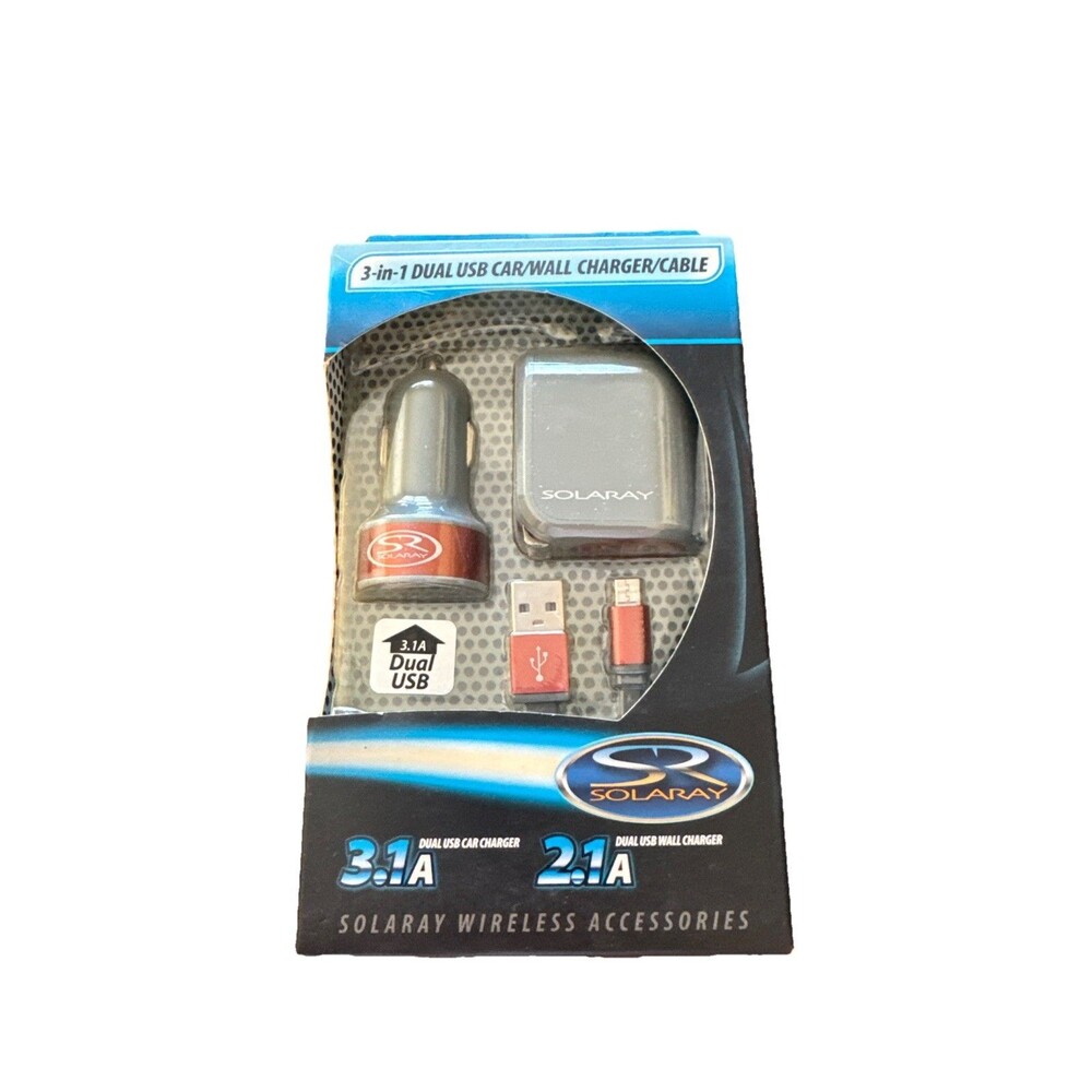 Brand New: 3-in-1 Dual USB Car/Wall Charger/Cable Solaray‎ Phone Charger Sleek